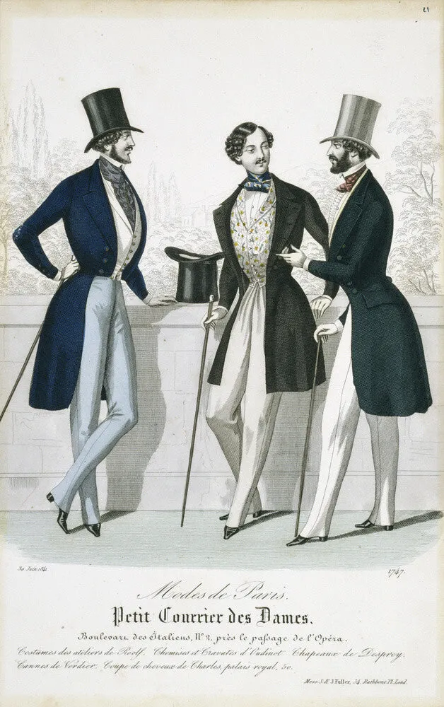 Fashion plate from Januray 1841 Modes de Paris showing gentlemen's frock coats, waistcoats and trousers