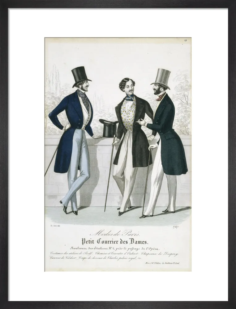 Fashion plate from Januray 1841 Modes de Paris showing gentlemen's frock coats, waistcoats and trousers