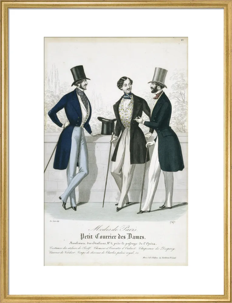 Fashion plate from Januray 1841 Modes de Paris showing gentlemen's frock coats, waistcoats and trousers