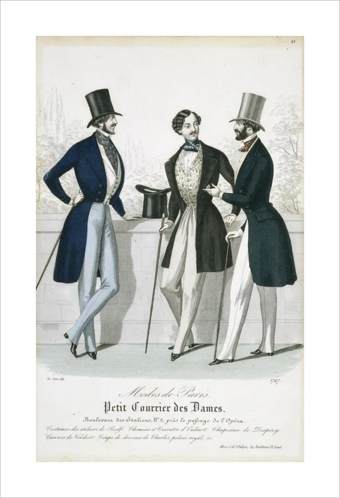 Fashion plate from Januray 1841 Modes de Paris showing gentlemen's frock coats, waistcoats and trousers