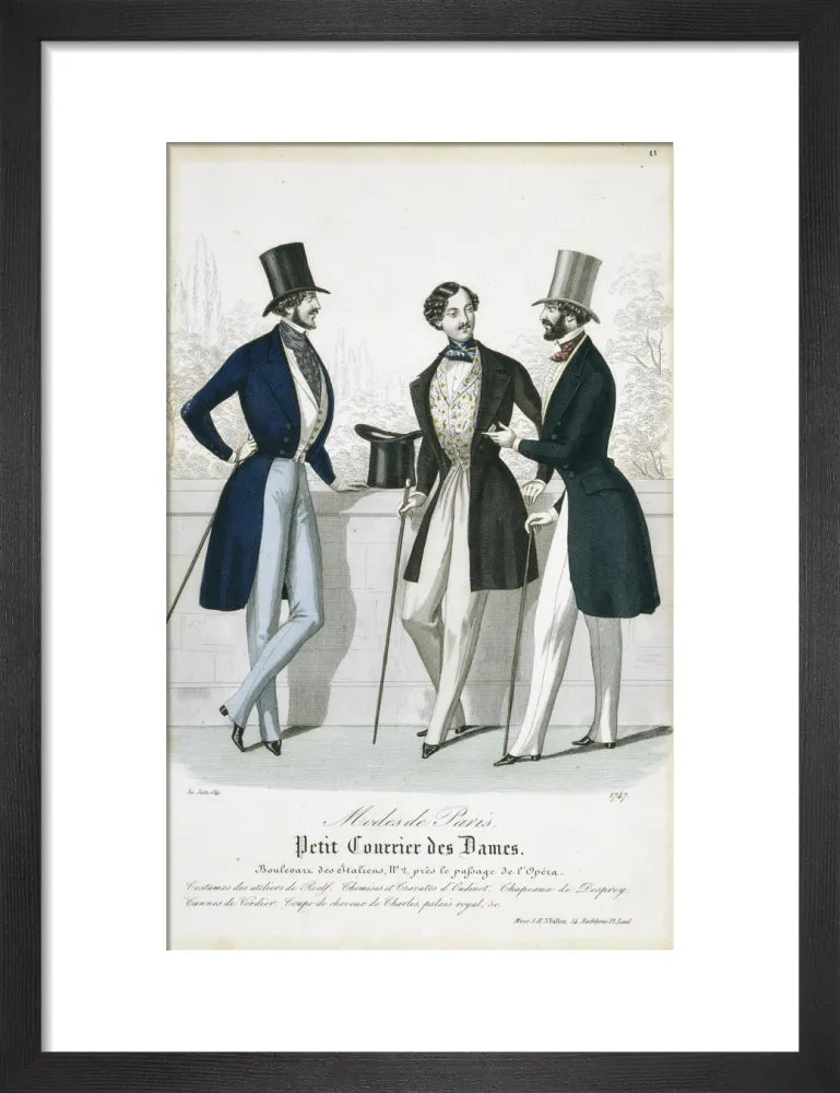 Fashion plate from Januray 1841 Modes de Paris showing gentlemen's frock coats, waistcoats and trousers