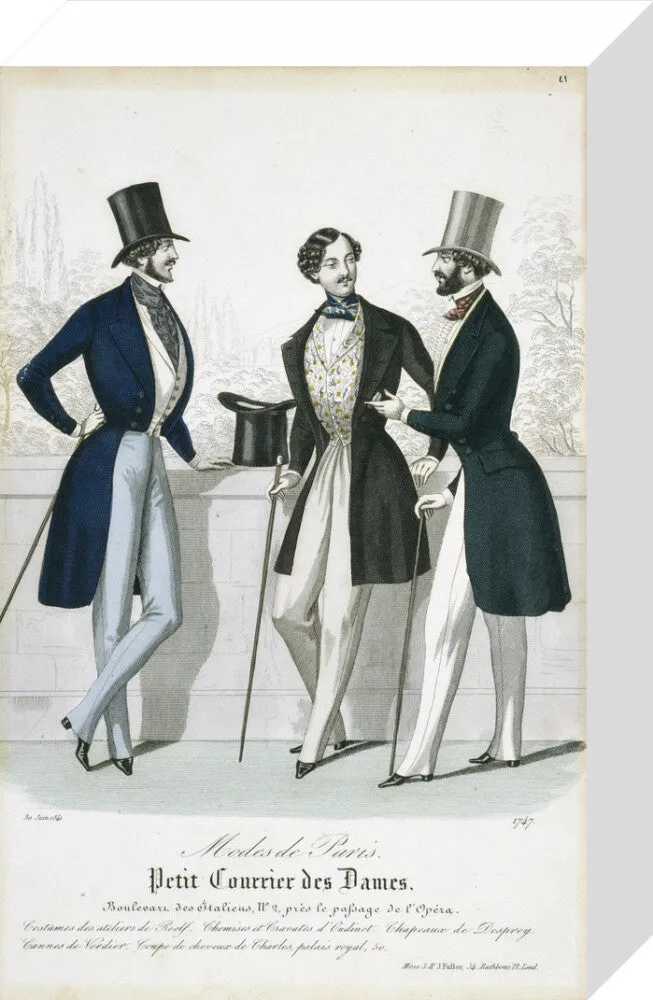 Fashion plate from Januray 1841 Modes de Paris showing gentlemen's frock coats, waistcoats and trousers