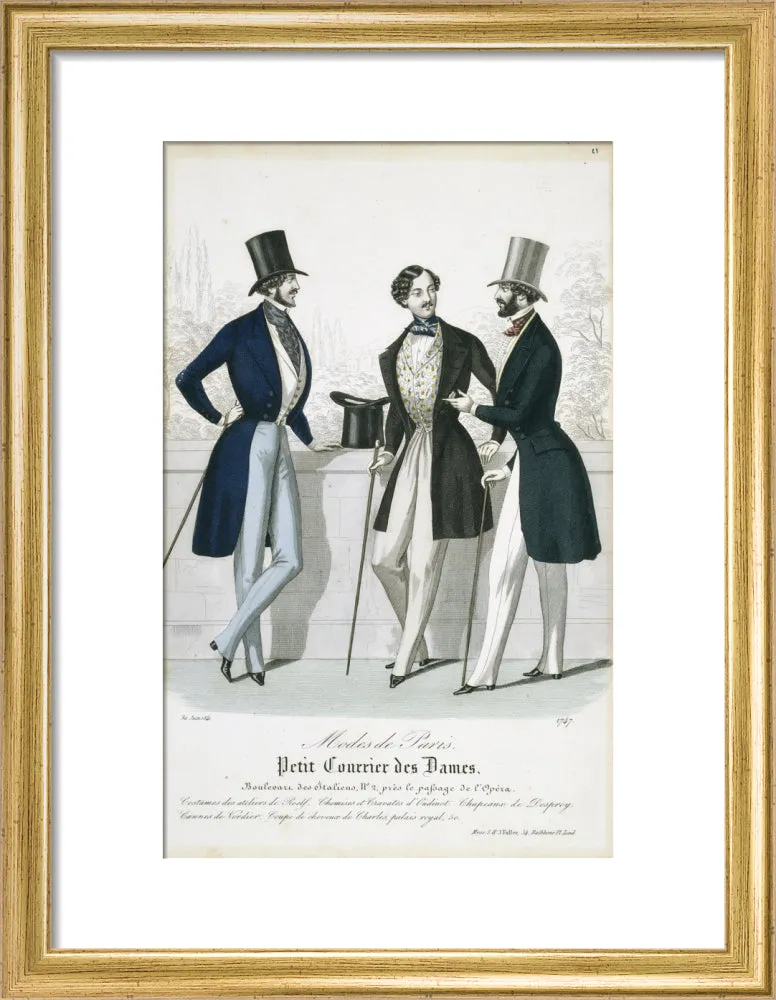 Fashion plate from Januray 1841 Modes de Paris showing gentlemen's frock coats, waistcoats and trousers