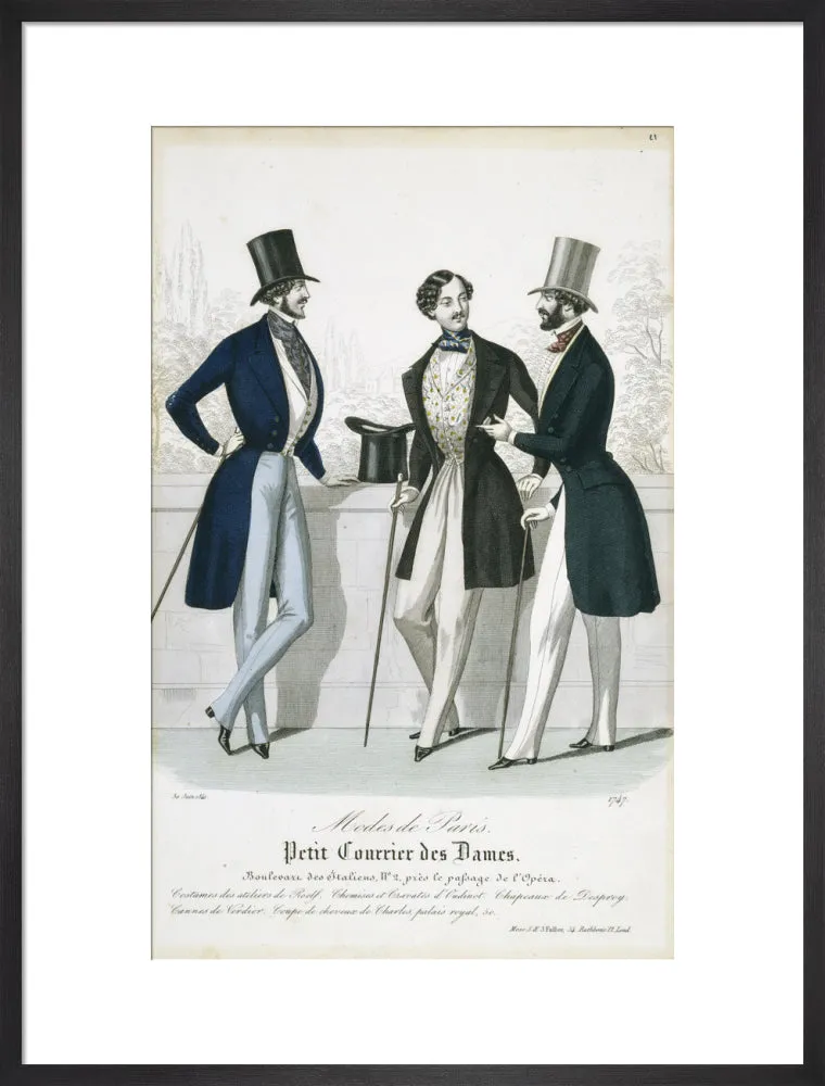 Fashion plate from Januray 1841 Modes de Paris showing gentlemen's frock coats, waistcoats and trousers