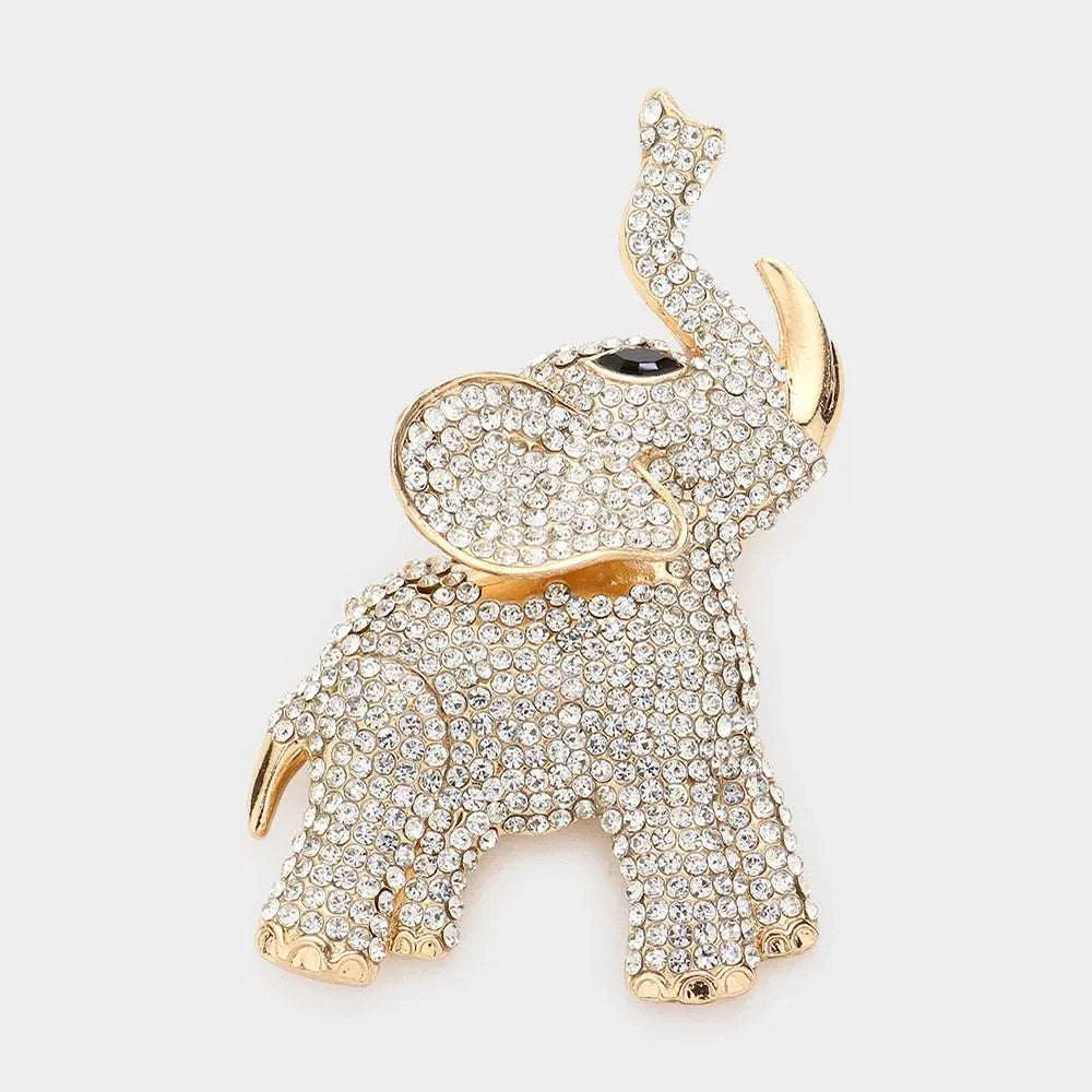 Gold Rhinestone Elephant Pin Brooch-M H W ACCESSORIES