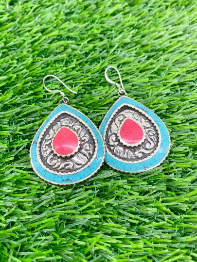 Handmade Vintage Tribal Fusion Tibetan Natural Gemstones Earring/Oval Shaped Earring/Dangle Earring/Vintage Style/Unique Jewelry