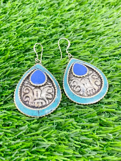 Handmade Vintage Tribal Fusion Tibetan Natural Gemstones Earring/Oval Shaped Earring/Dangle Earring/Vintage Style/Unique Jewelry