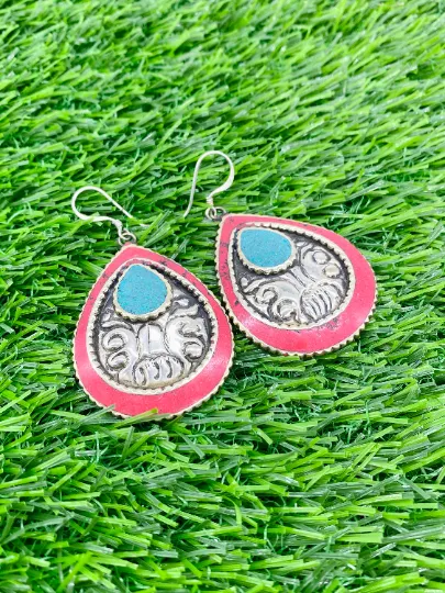 Handmade Vintage Tribal Fusion Tibetan Natural Gemstones Earring/Oval Shaped Earring/Dangle Earring/Vintage Style/Unique Jewelry