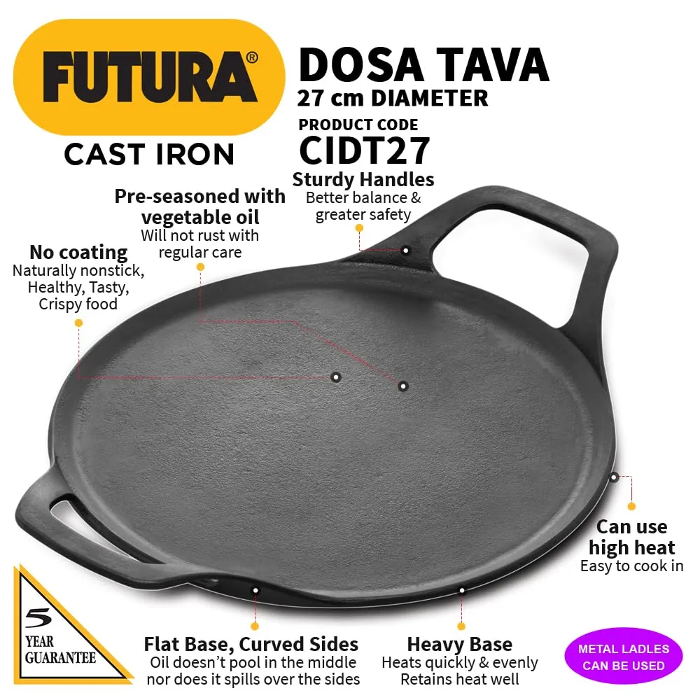 Hawkins Futura 27 cm Cast Iron Dosa Tava, Pre-Seasoned Cast Iron Flat Tawa for Roti, Cast Iron Cookware for Kitchen, Black (CIDT27)