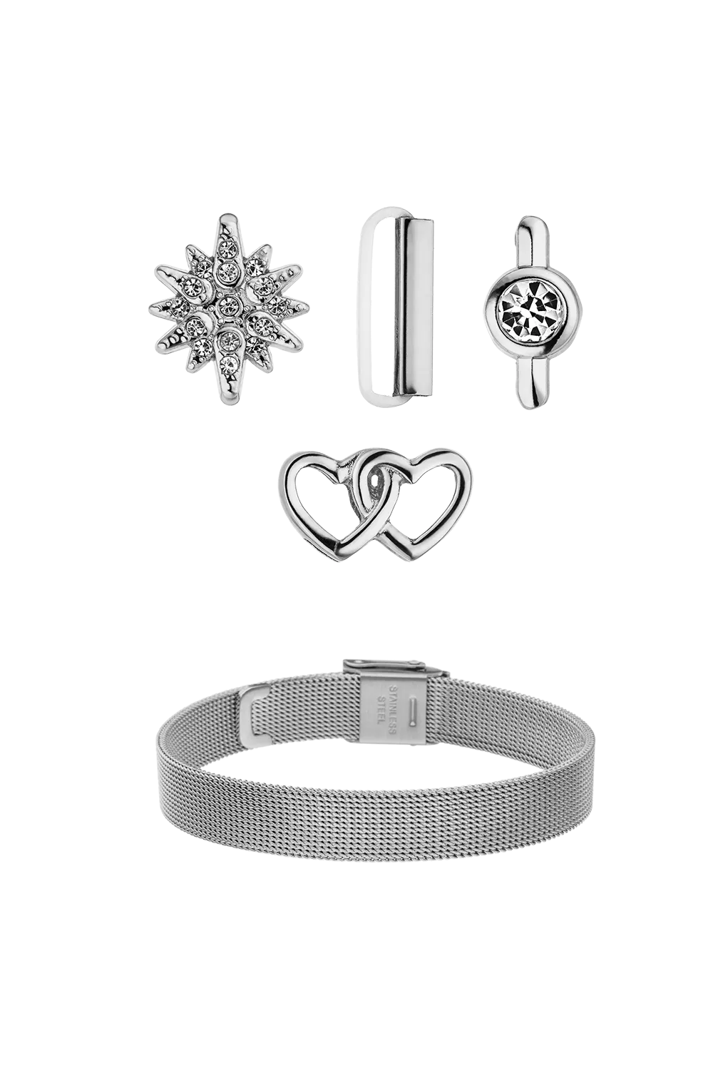 Heart-Mesh Strap-Set with 4 Charms Silver