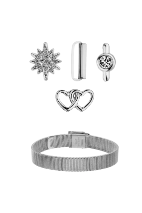 Heart-Mesh Strap-Set with 4 Charms Silver