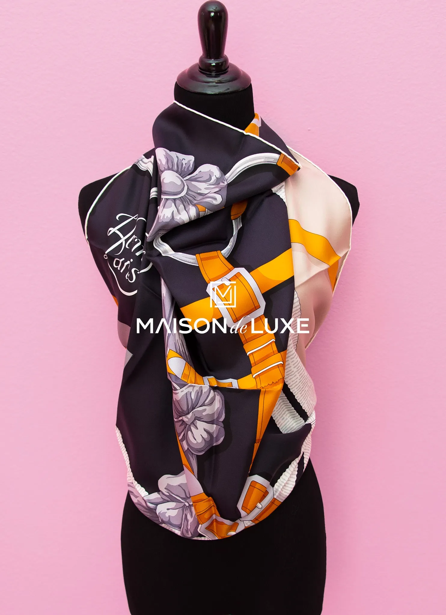 Hermes "Grand Manege Detail" Noir Twill Silk 90 cm Scarf