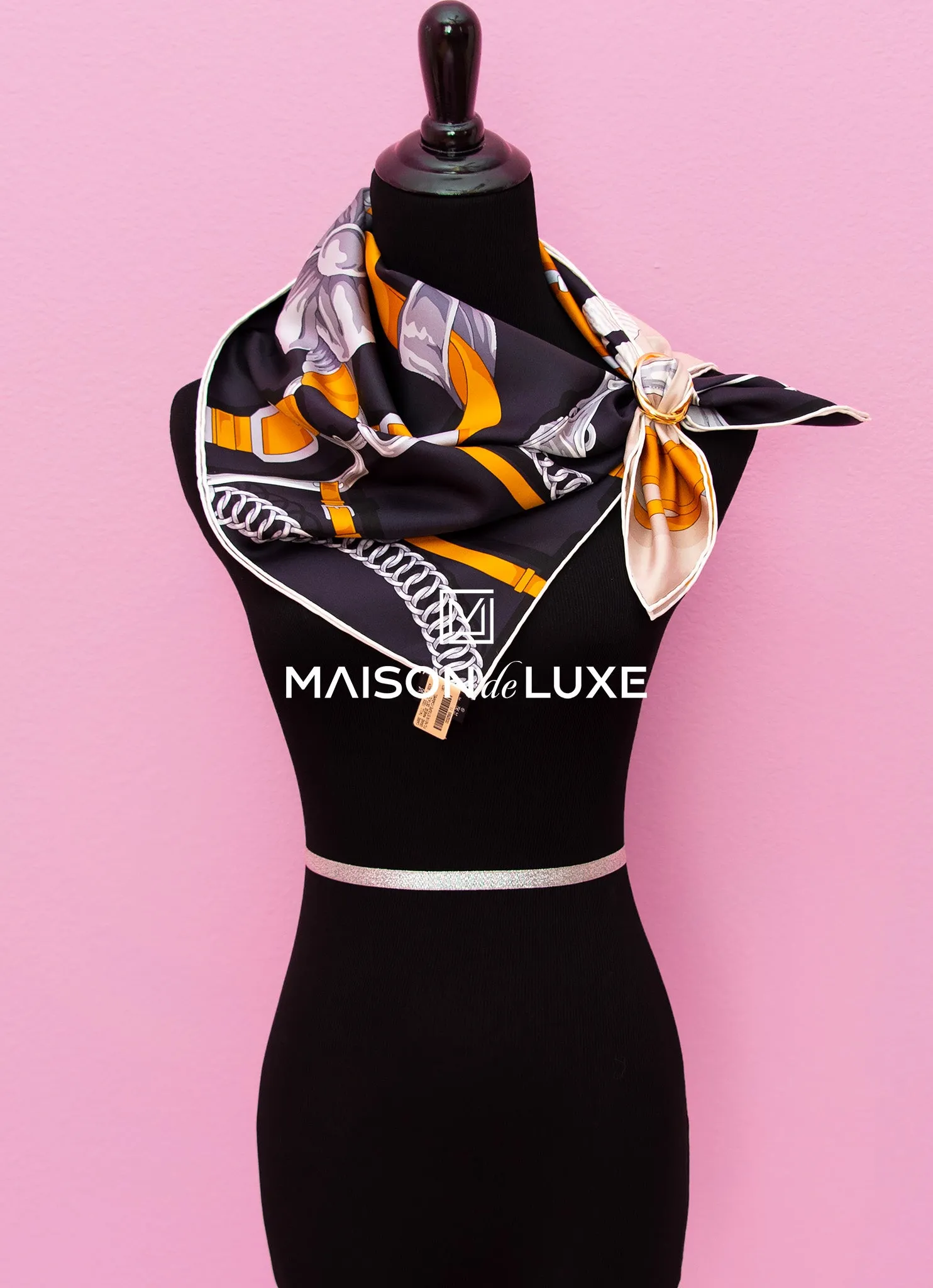 Hermes "Grand Manege Detail" Noir Twill Silk 90 cm Scarf