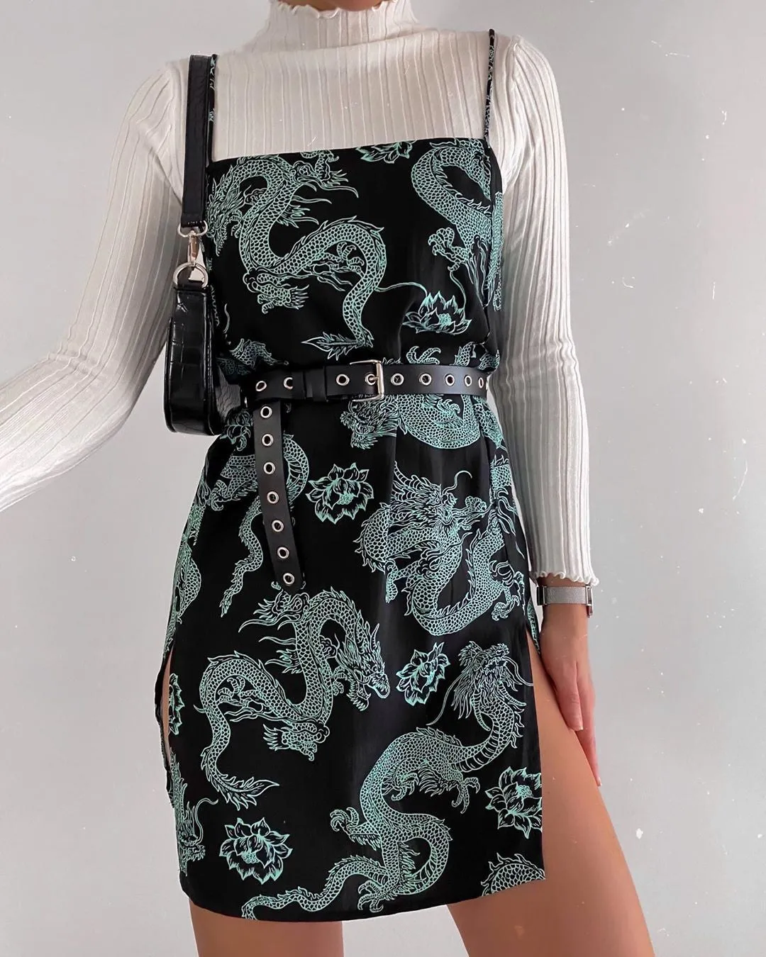 King Style Chinese Dragon Print Spaghetti Strap Slip Dress Side Slit