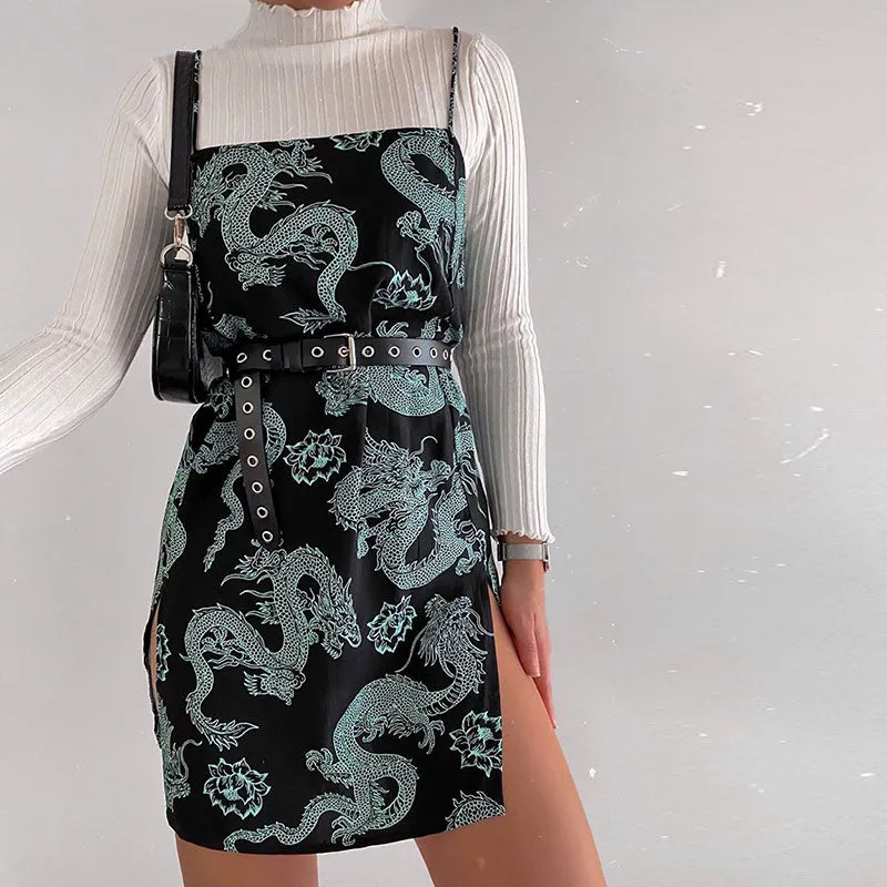 King Style Chinese Dragon Print Spaghetti Strap Slip Dress Side Slit