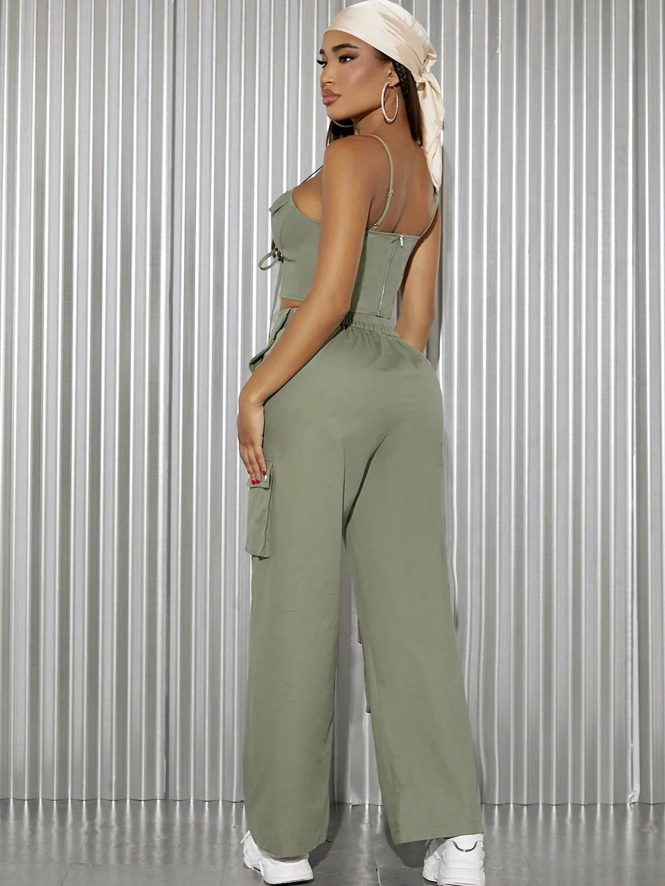 Lace Up Cami Crop Top Cargo Pants Set