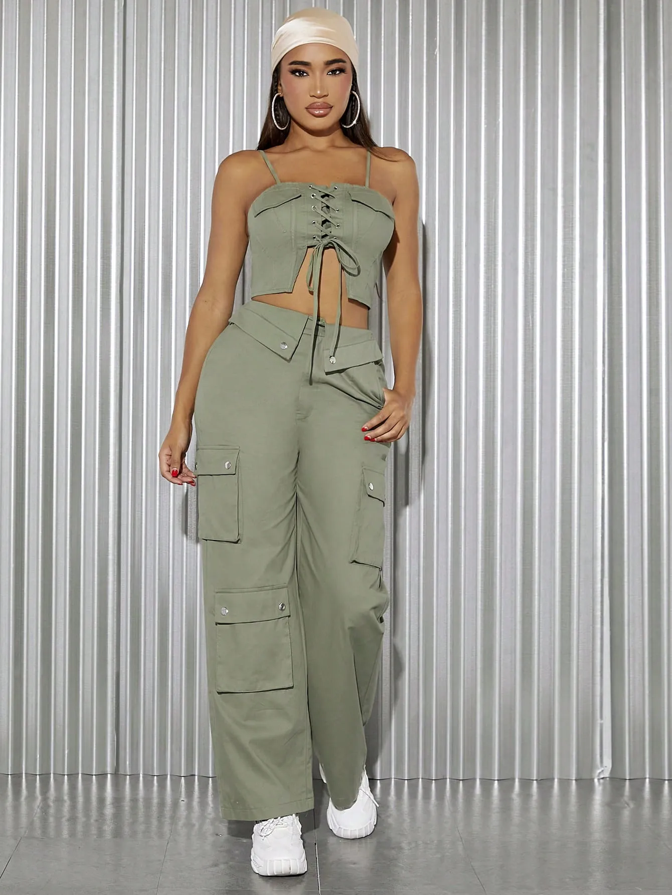 Lace Up Cami Crop Top Cargo Pants Set