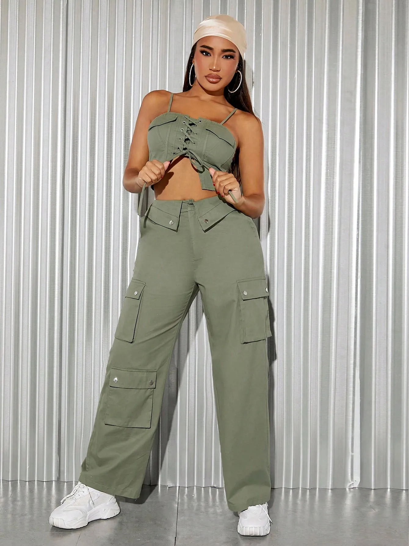 Lace Up Cami Crop Top Cargo Pants Set