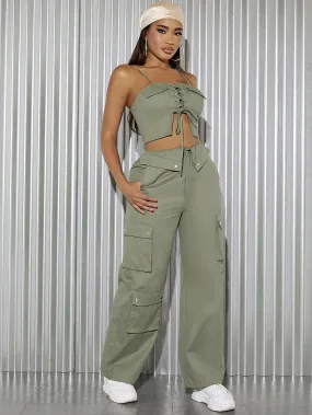 Lace Up Cami Crop Top Cargo Pants Set