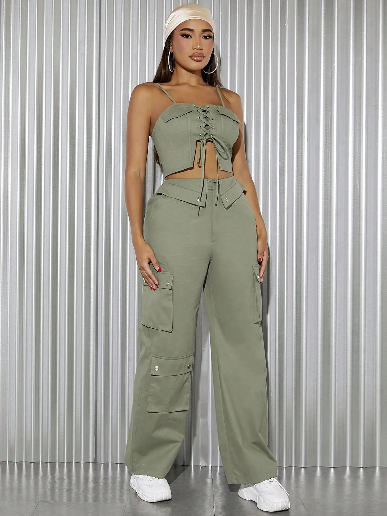 Lace Up Cami Crop Top Cargo Pants Set