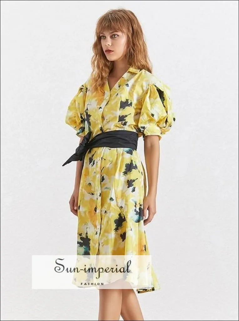 Liliana Dress- Summer Elegant Print Dress for Women Lapel Half Puff Sleeve High Wasit Bandage