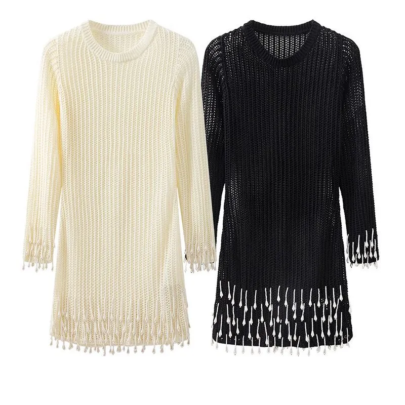 Luxury Semi Mesh Knit Dress With Faux Pearl Beads Fringe