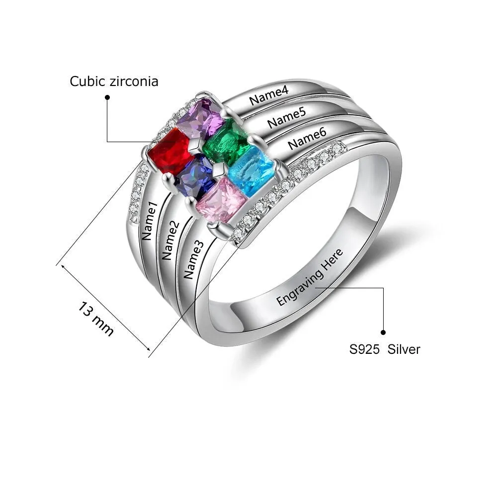 Personalized 6 Square Birthstones Ring