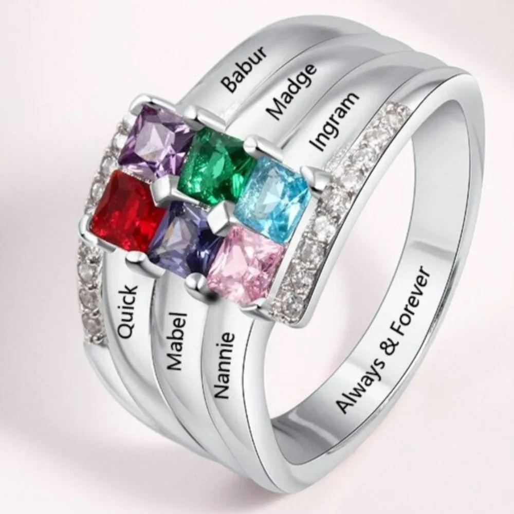 Personalized 6 Square Birthstones Ring