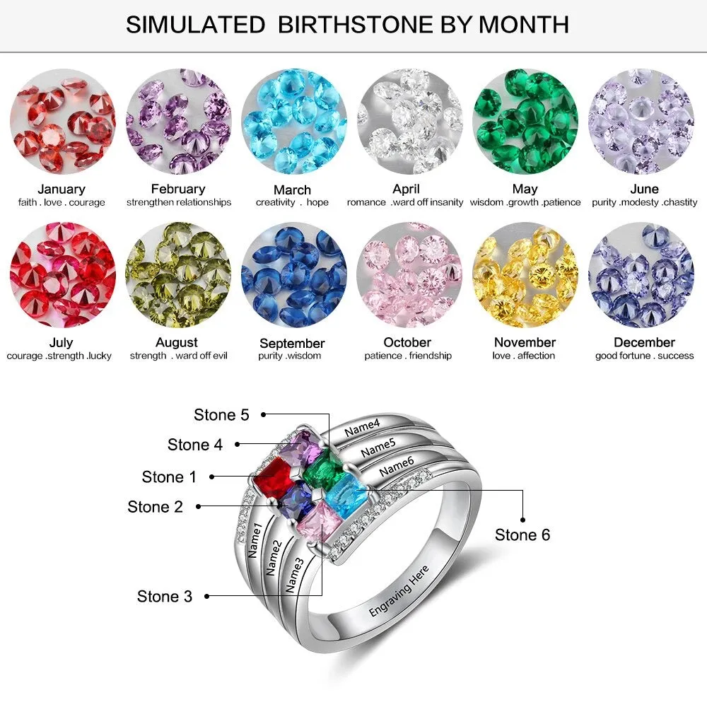 Personalized 6 Square Birthstones Ring