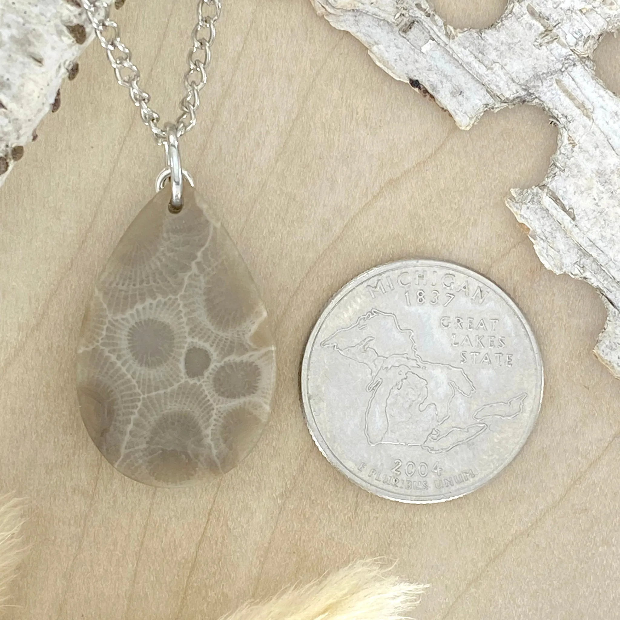 Petoskey Stone with Swirl Charm Pendant Necklace