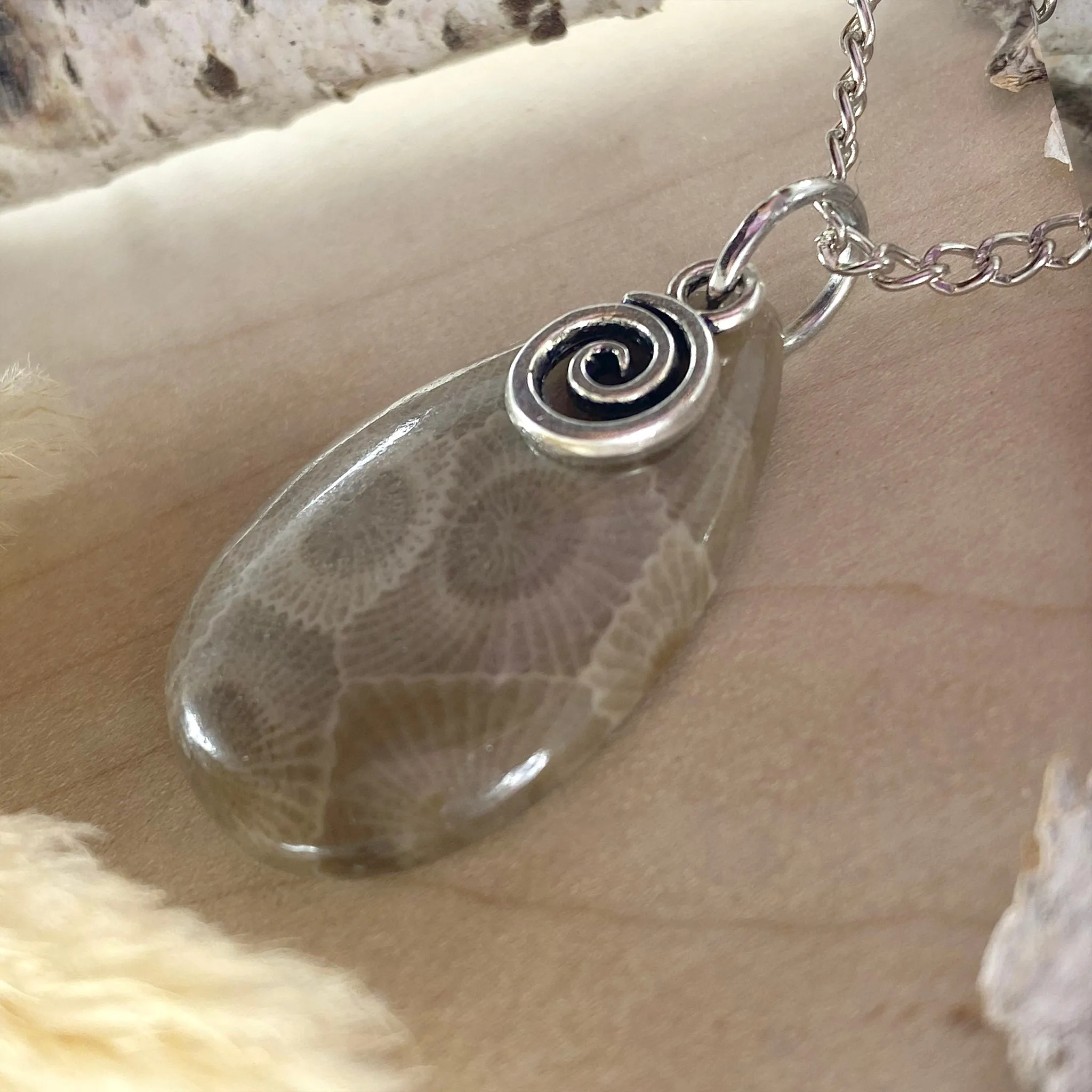 Petoskey Stone with Swirl Charm Pendant Necklace