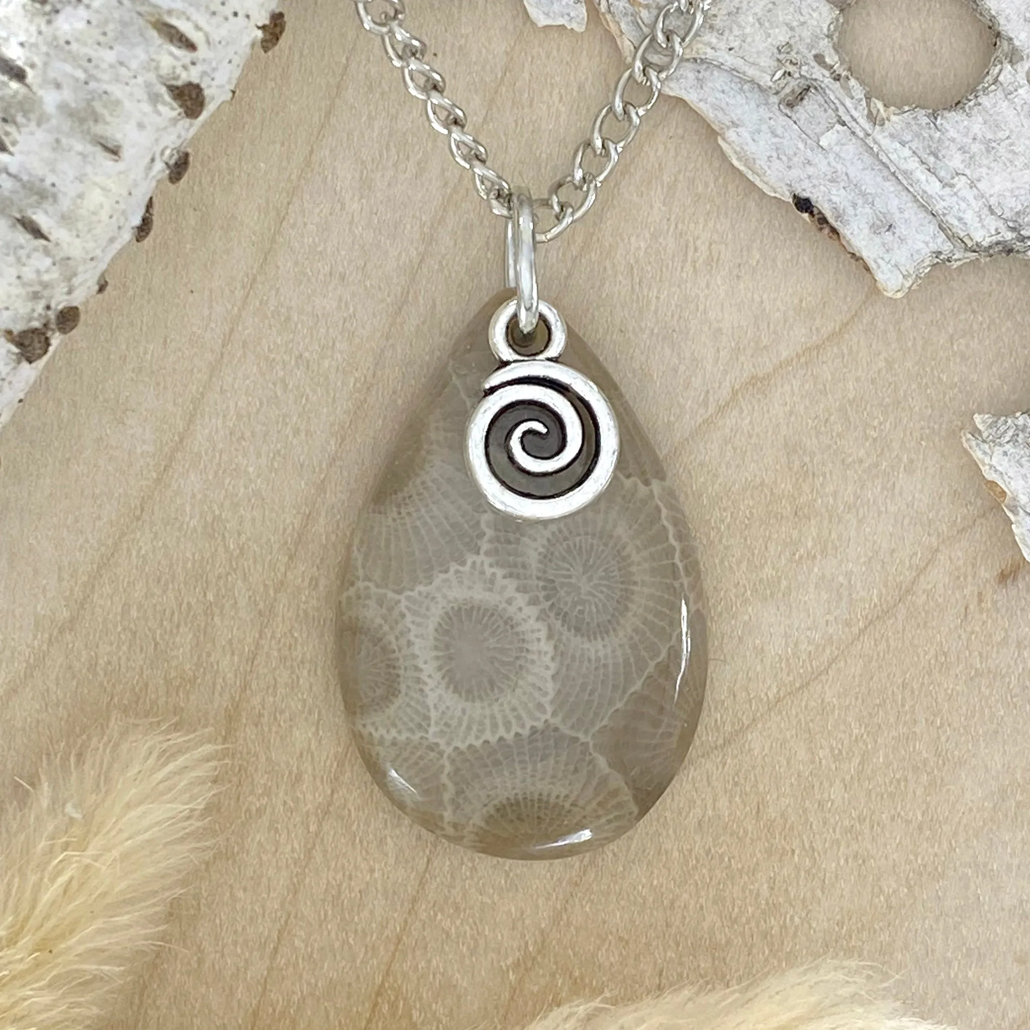 Petoskey Stone with Swirl Charm Pendant Necklace