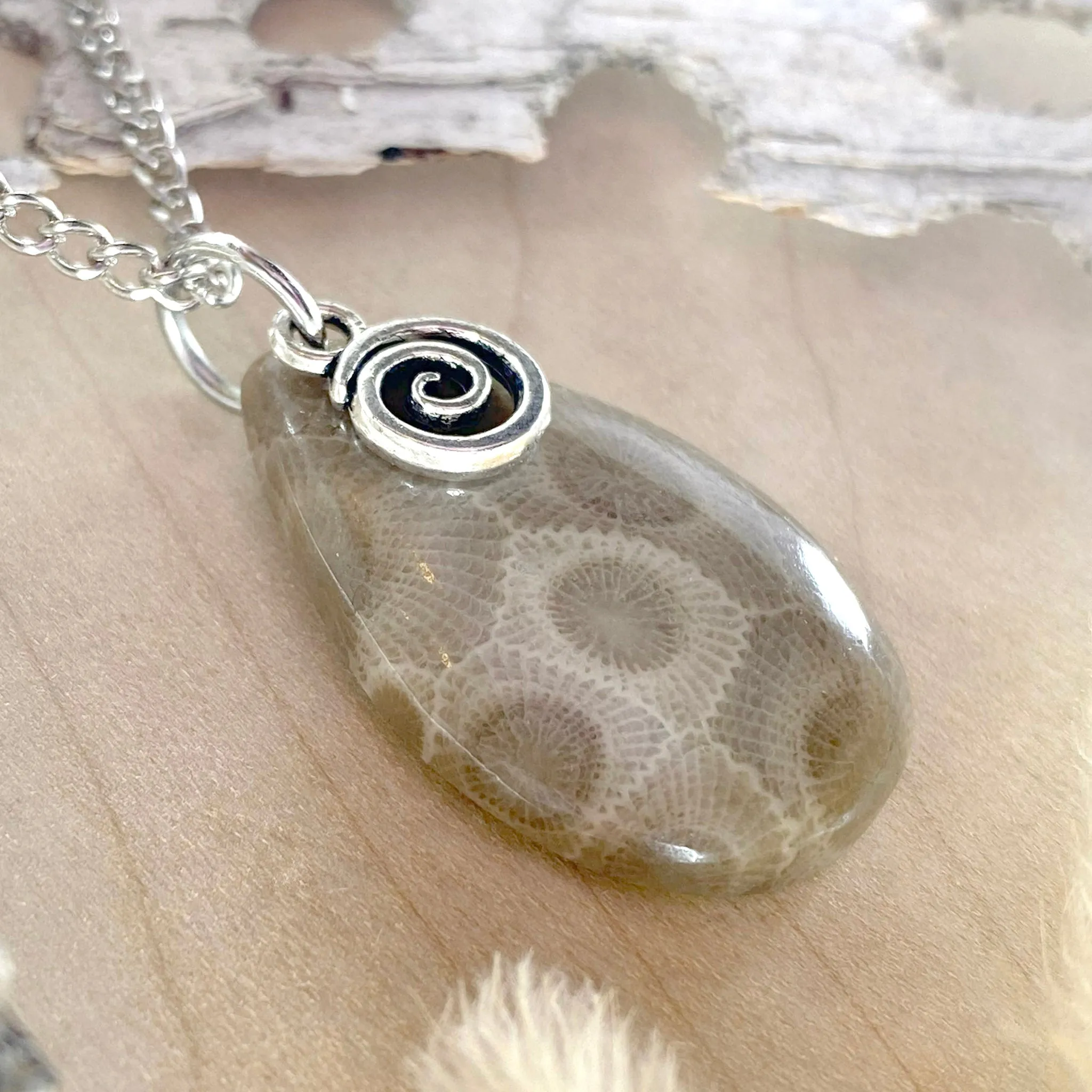 Petoskey Stone with Swirl Charm Pendant Necklace