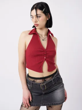 Raya Red Halter Neck Collar Top