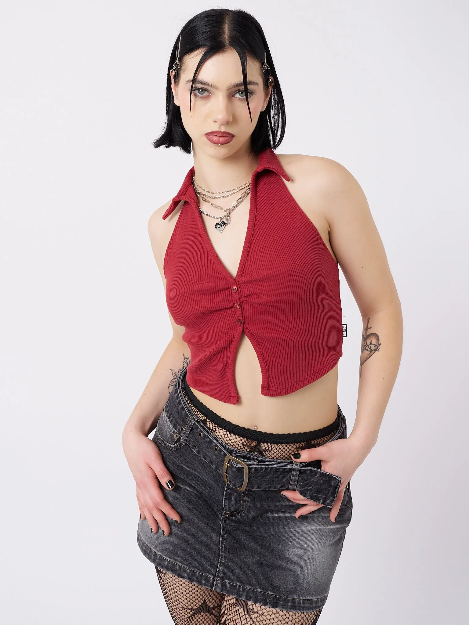 Raya Red Halter Neck Collar Top