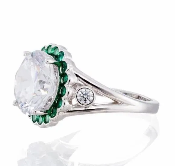 Round Cut and Emerald Accent Cubic Zirconia Halo Engagement Ring - White Gold Plated Sterling Silver