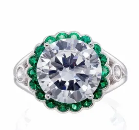 Round Cut and Emerald Accent Cubic Zirconia Halo Engagement Ring - White Gold Plated Sterling Silver