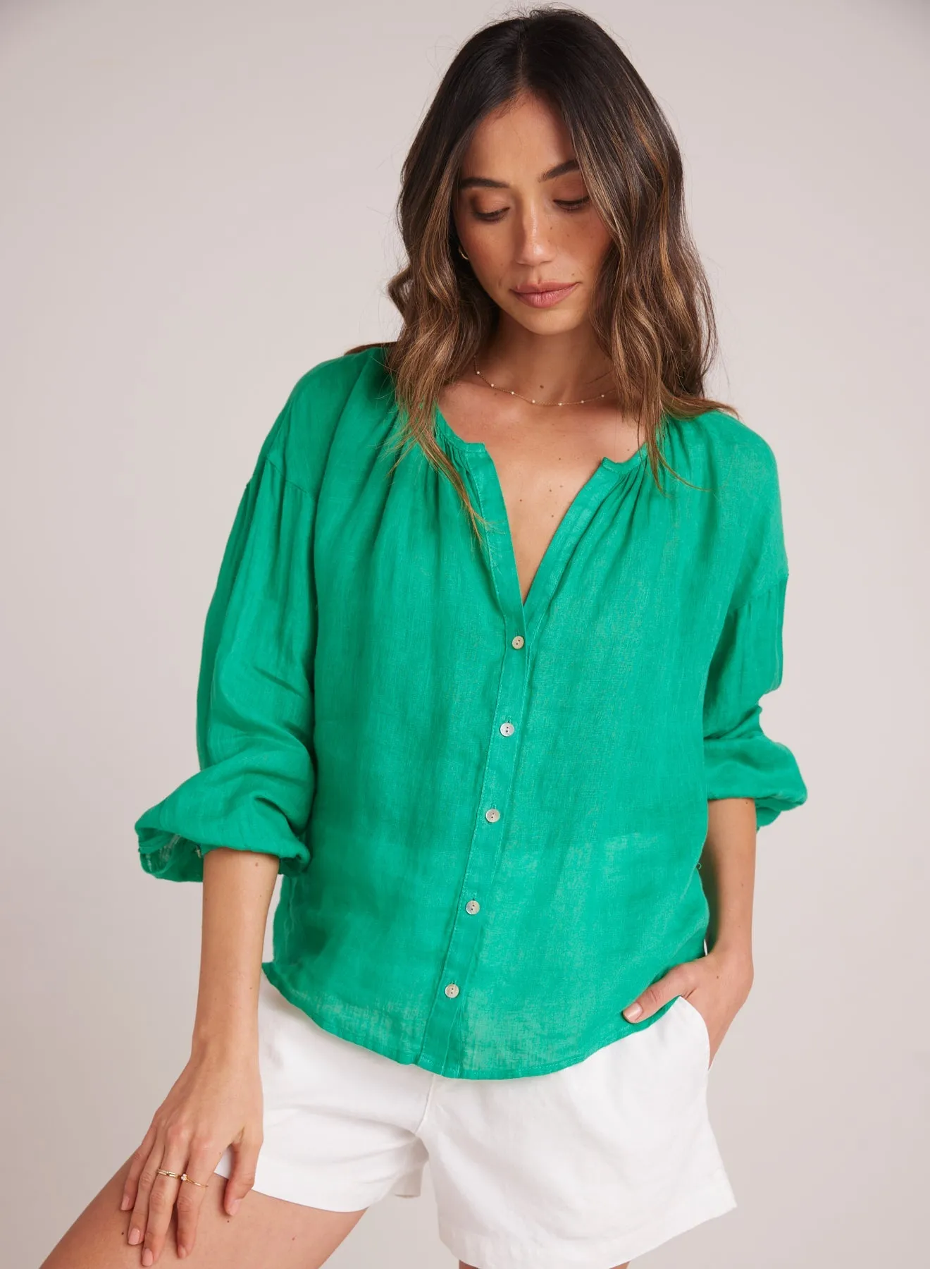 Shirred Neck Blouse - Tropical Green