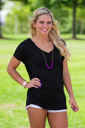 Short Sleeve Rolled Sleeve V-Neck Piko Top - Black