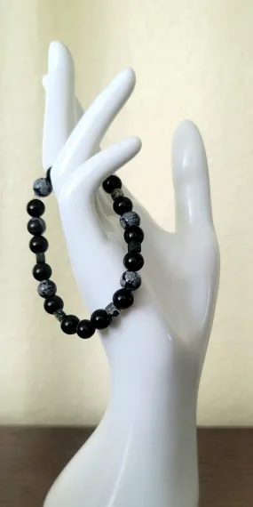 Snowflake Obsidian, Black Tourmaline & Green Emerald Bracelet