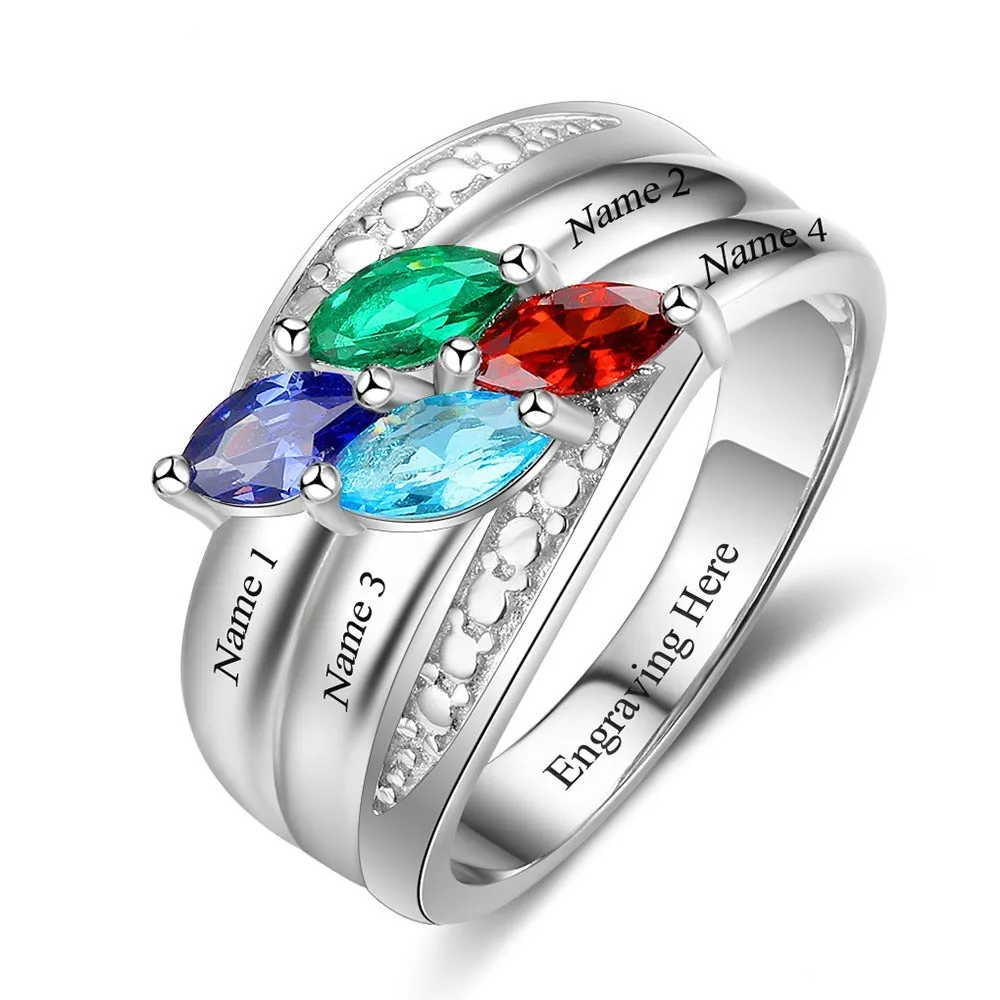 Sterling Silver 4 Names Birthstone Ring