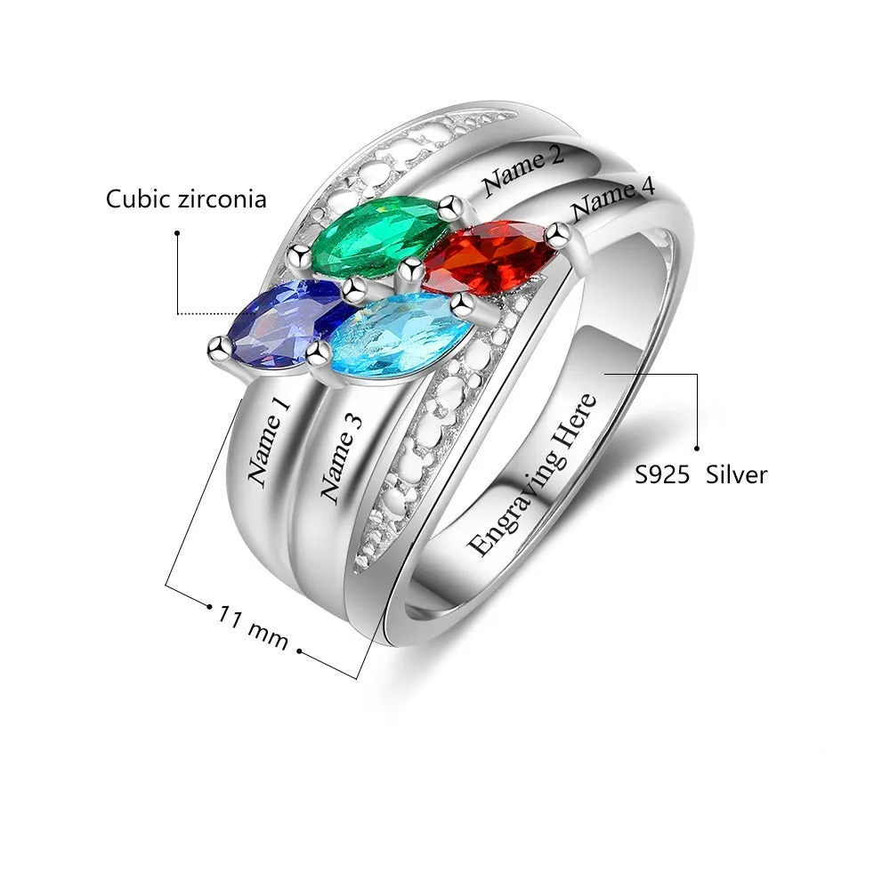 Sterling Silver 4 Names Birthstone Ring