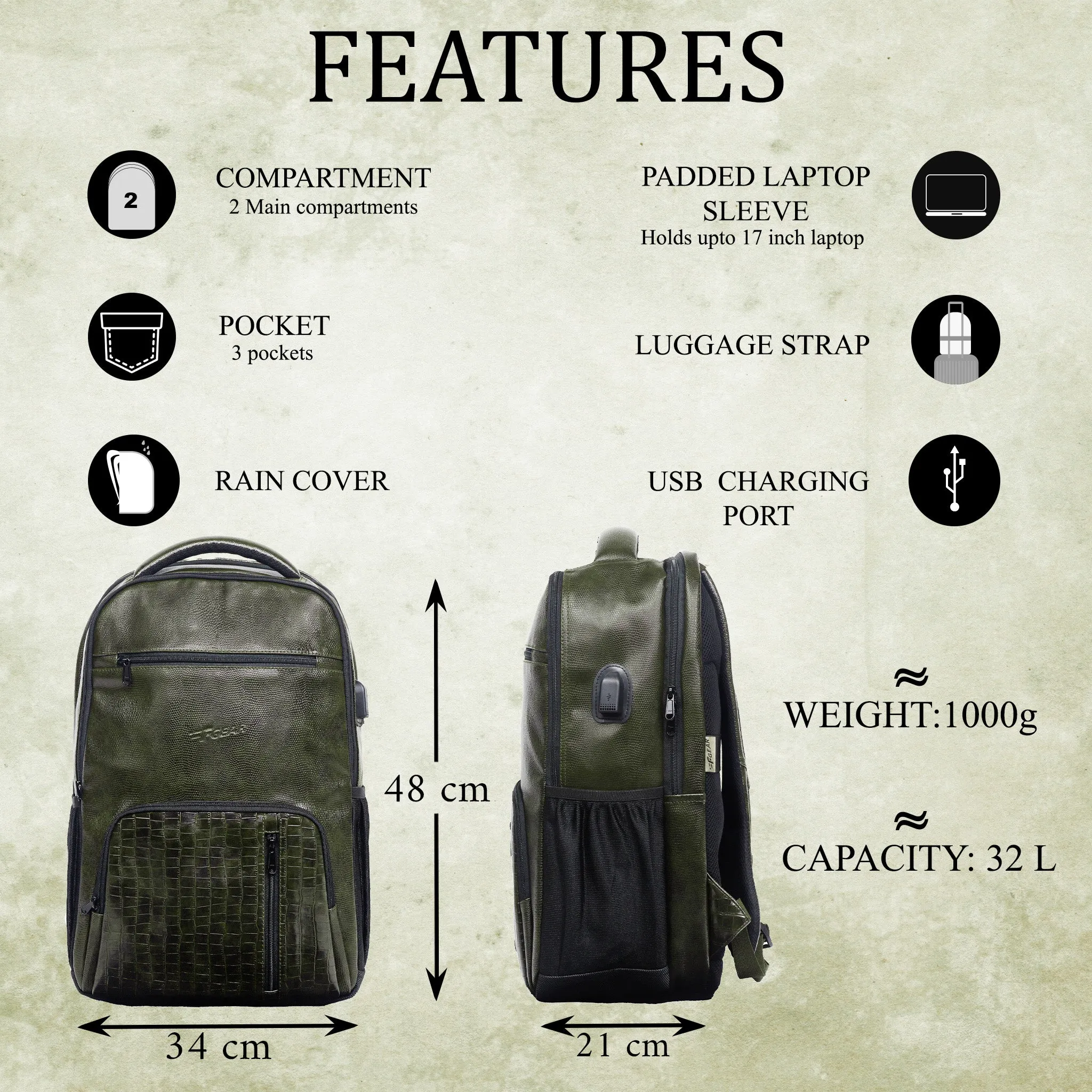 Tambour 32L Faux Leather Green Laptop Backpack with raincover