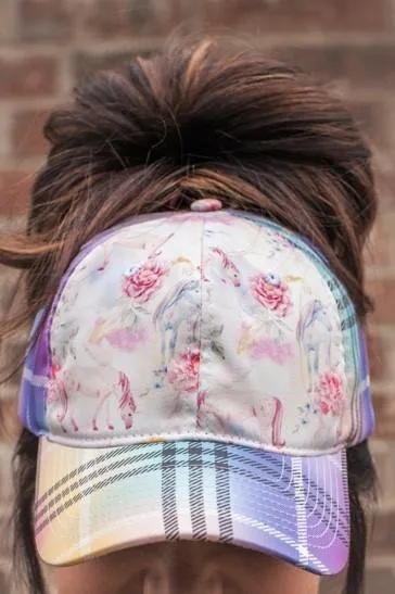 Unicorn Rainbow Plaid Messy Bun Ponytail Hat