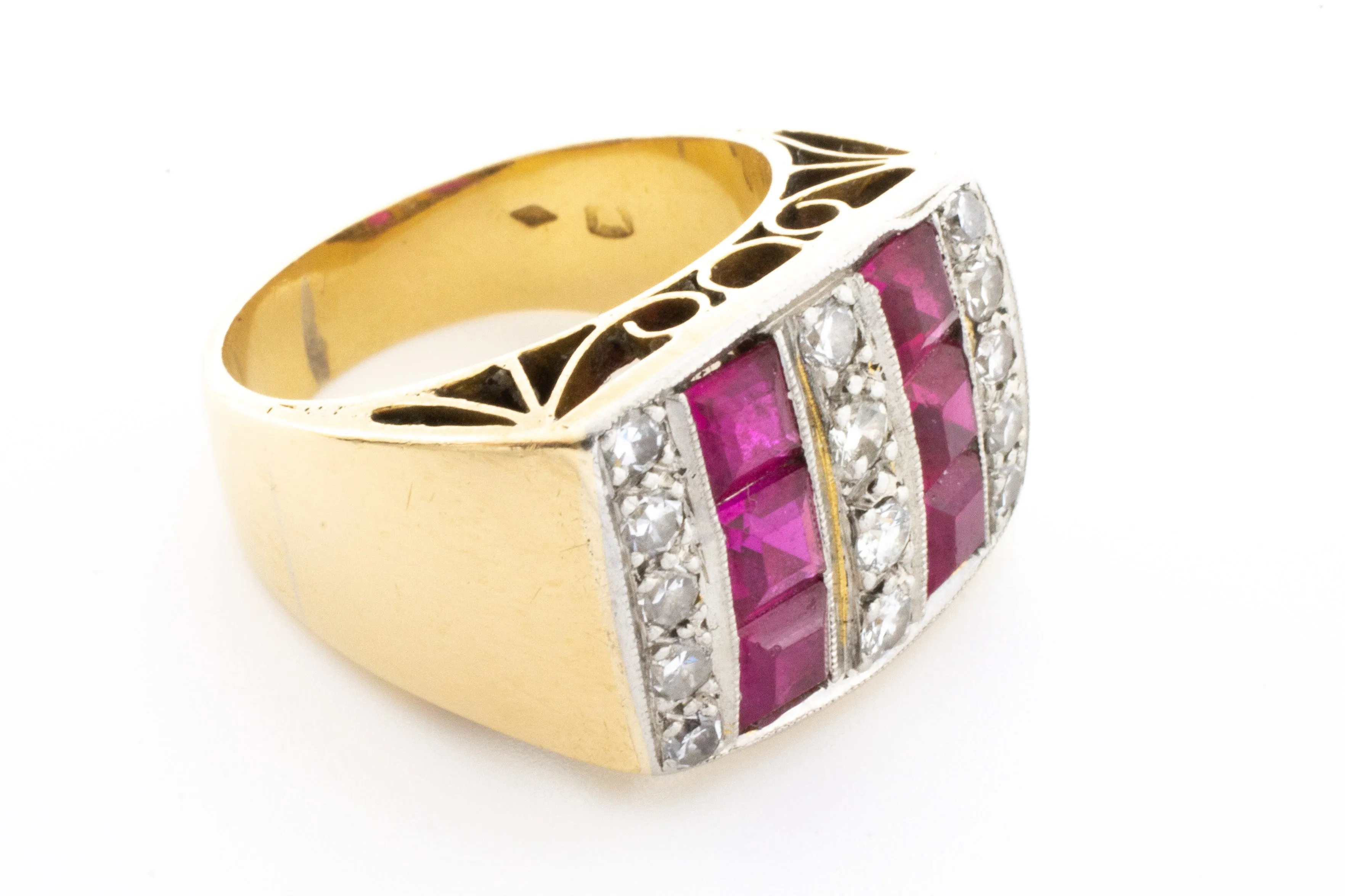 Vintage Art Deco style ring with synthetic rubies and diamonds