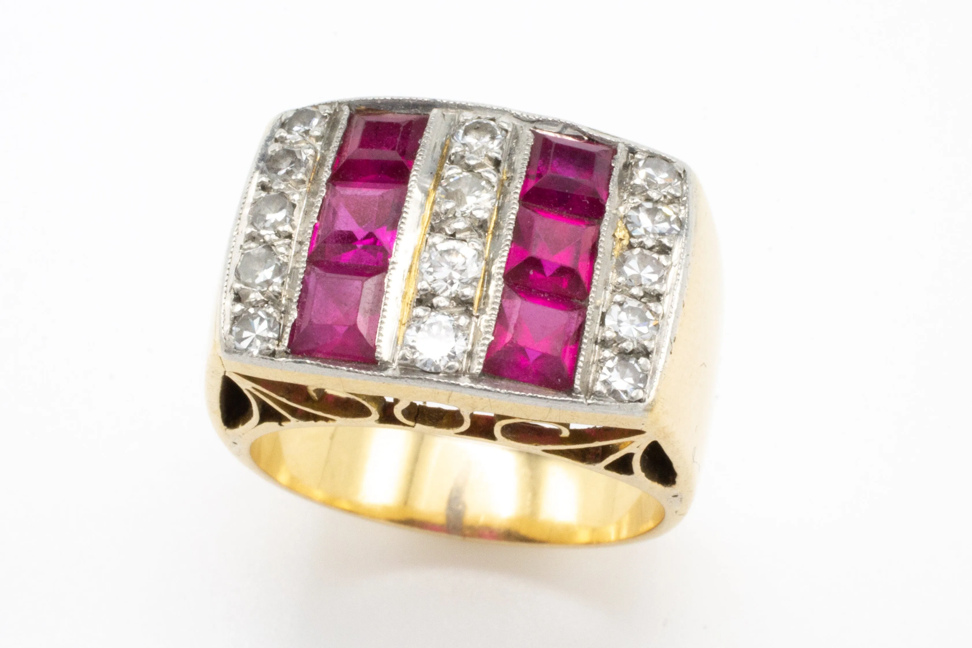 Vintage Art Deco style ring with synthetic rubies and diamonds