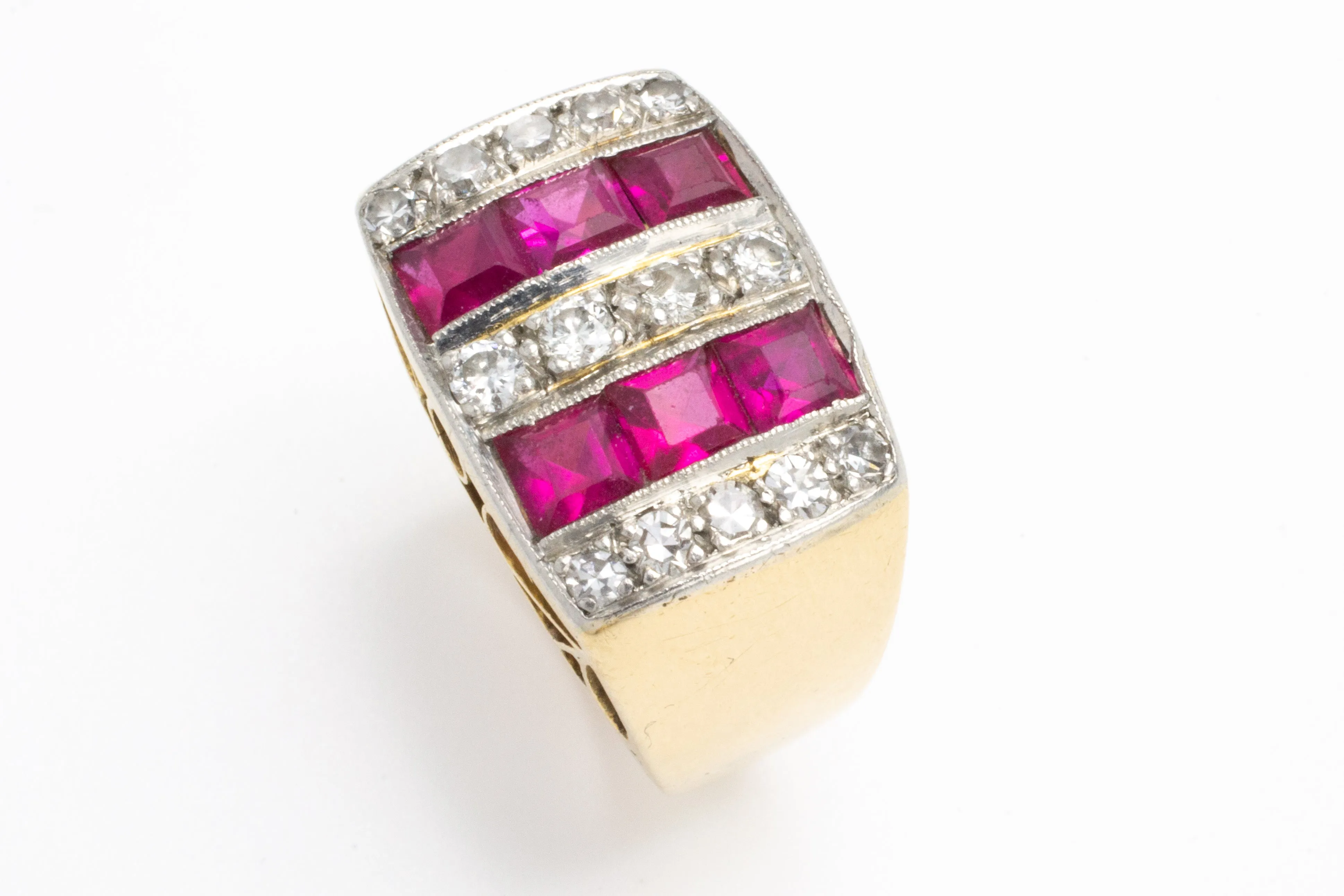 Vintage Art Deco style ring with synthetic rubies and diamonds