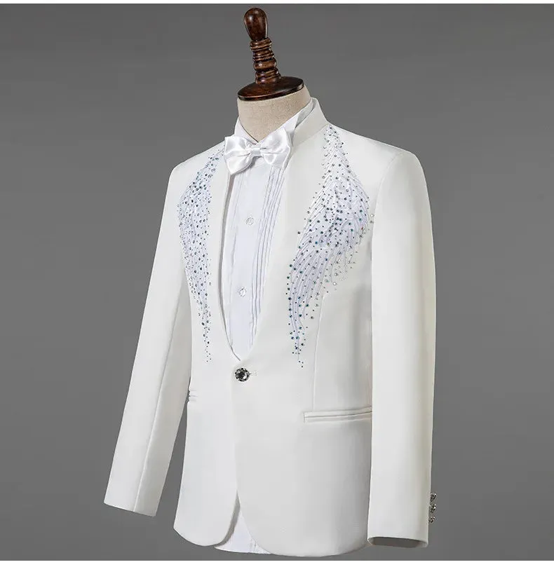 White Wedding Groom Suit - Slim Fit Tuxedo with Diamond Embroidery for Men | Stylish 3-Piece Outfit